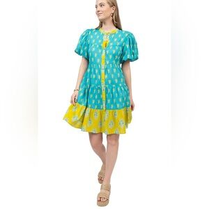 Uncle Frank Anthropologie Vibrant Blue and Yellow Mini Dress Size Small